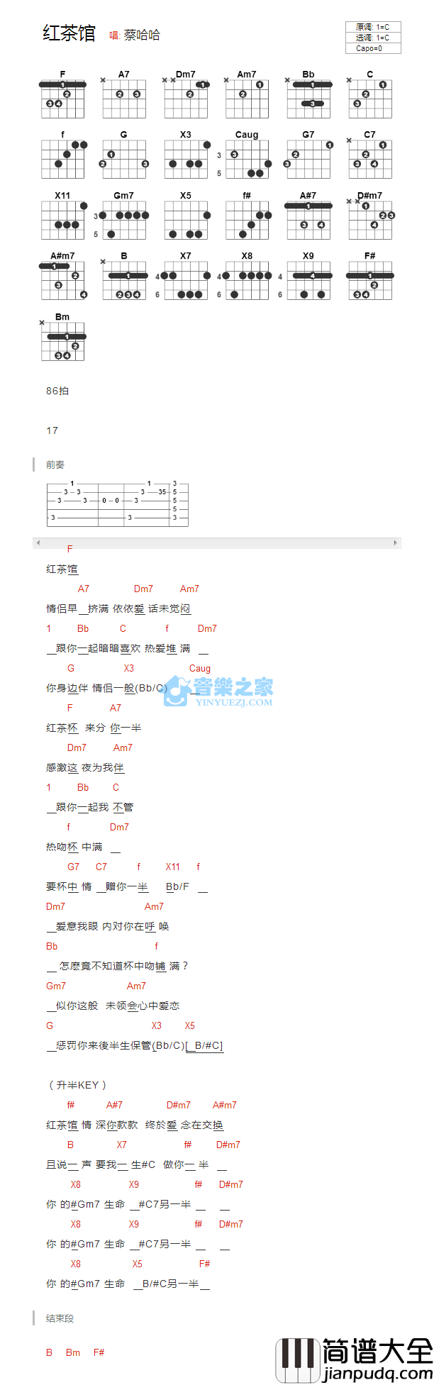 红茶馆吉他谱_C调版_陈慧娴