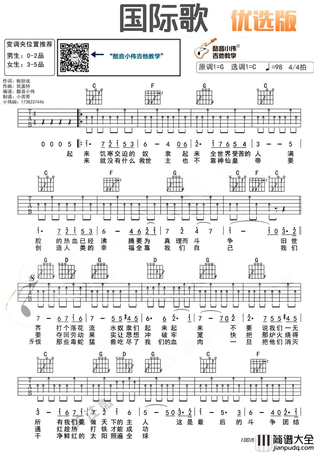 _国际歌_吉他谱_C调_吉他原版六线谱(唐朝乐队摇滚)