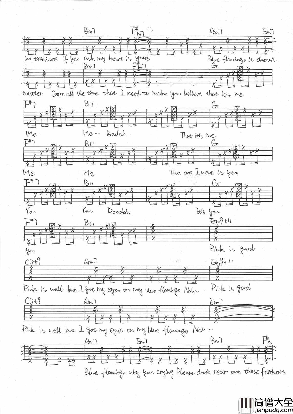 Blue_Flamingo吉他谱_窦靖童_六线谱弹唱谱(手写版)