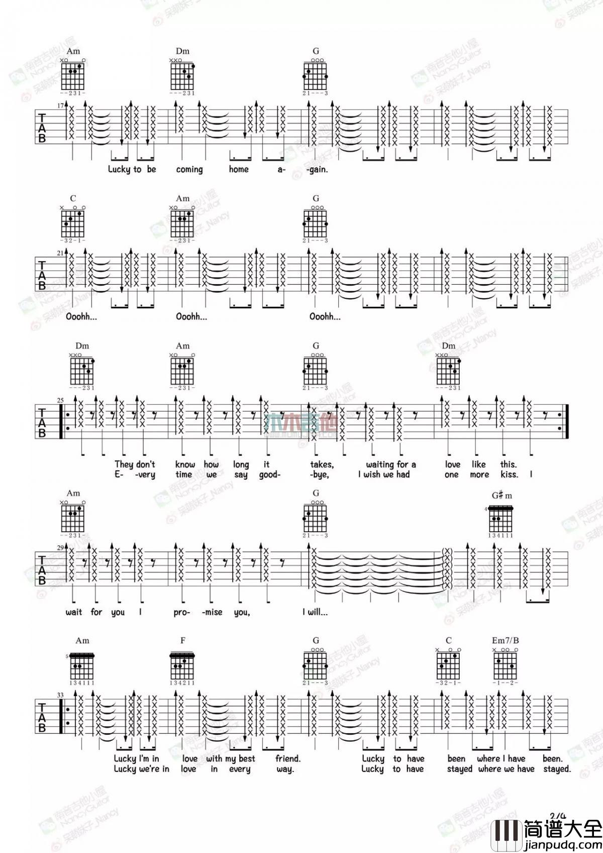 Lucky吉他谱_Jason_Mraz_C调吉他伴奏弹唱谱