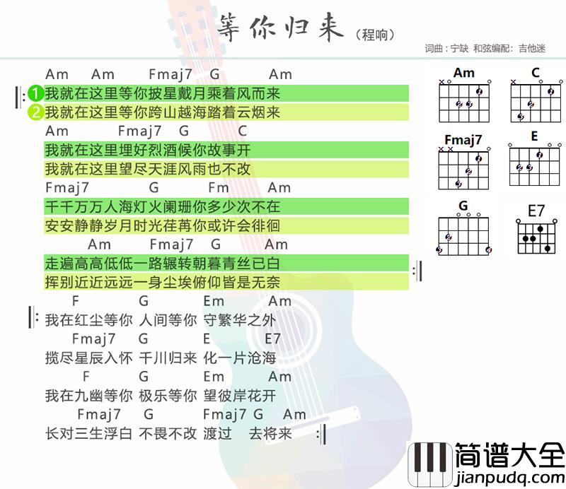 _等你归来_吉他谱_程响_C调吉他伴奏弹唱谱