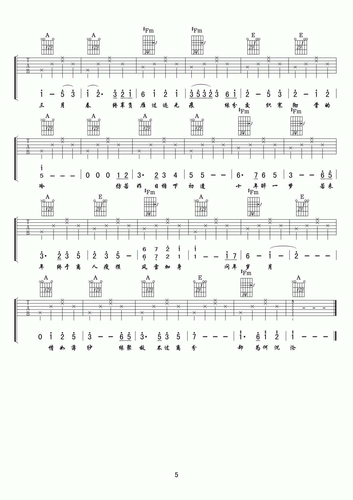 _空待_吉他谱_王朝_吉他伴奏弹唱谱