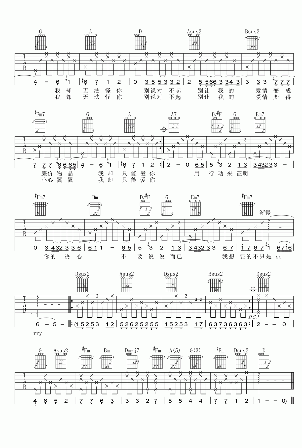 别说对不起吉他谱_S.H.E_D调_弹唱谱