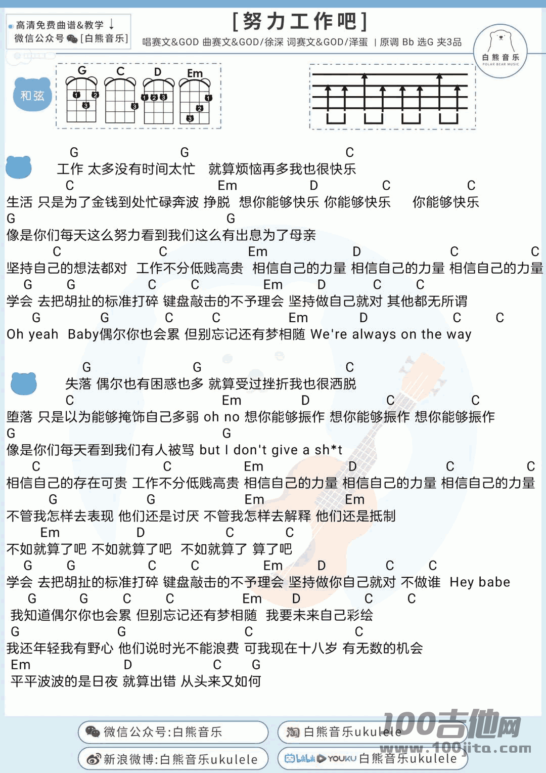 努力工作吧吉他谱_赛文&GOD_G调吉他伴奏弹唱谱