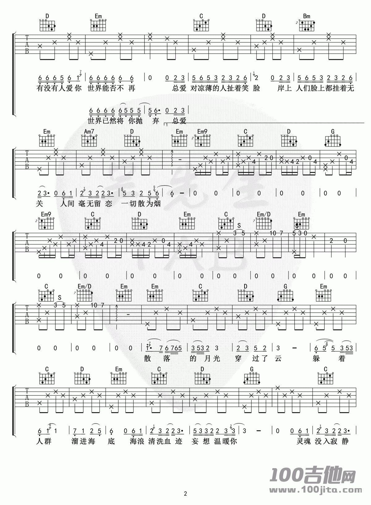 海底吉他谱_一只榴莲_G调_六线谱【吴先生版】