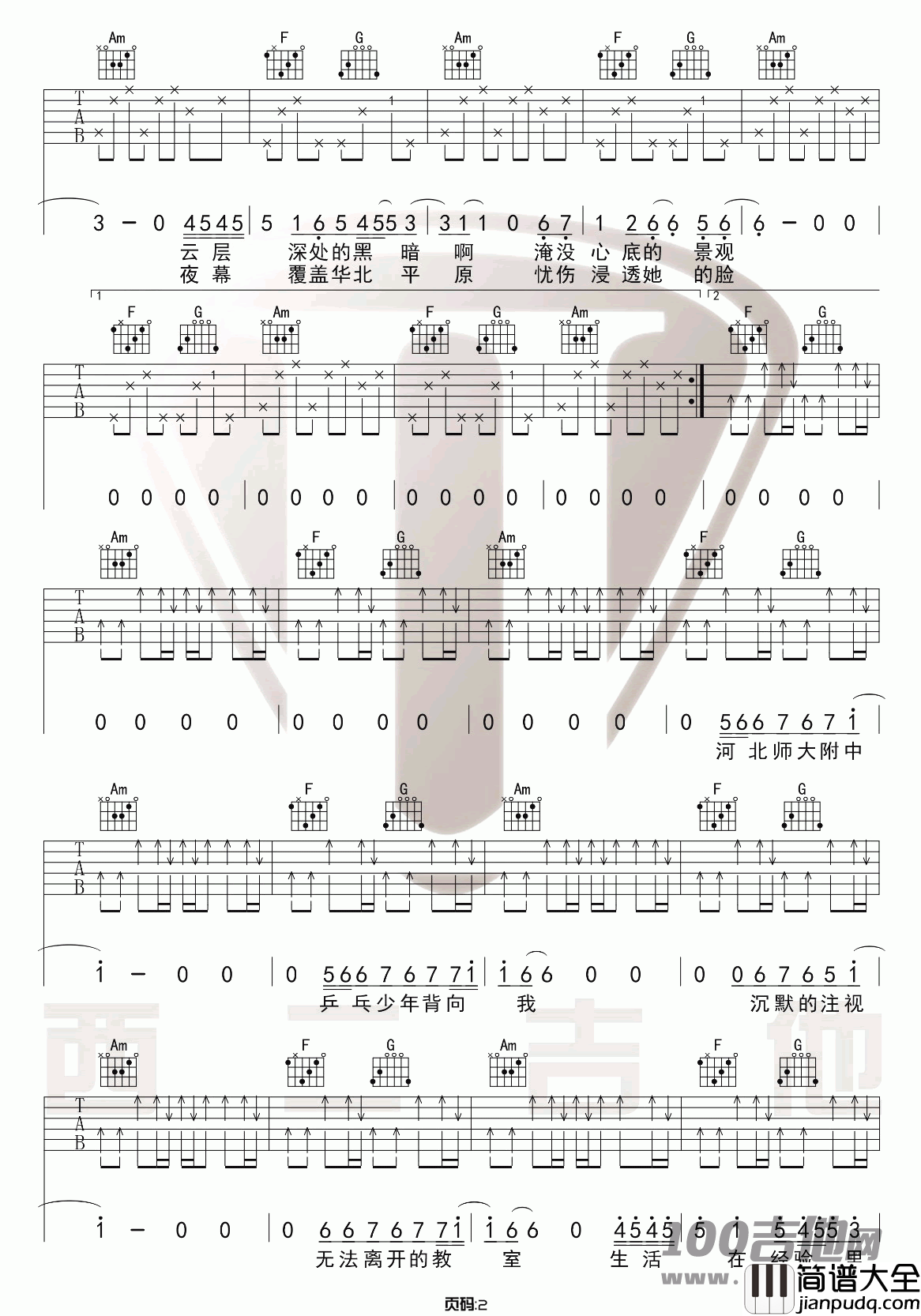 _杀死那个石家庄人_吉他谱_万能青年旅店_C调六线谱