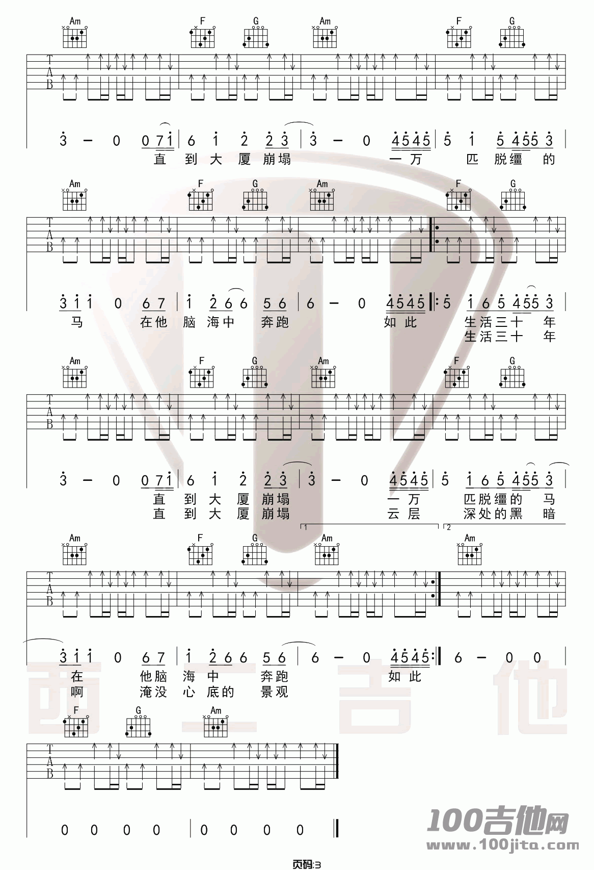 _杀死那个石家庄人_吉他谱_万能青年旅店_C调六线谱