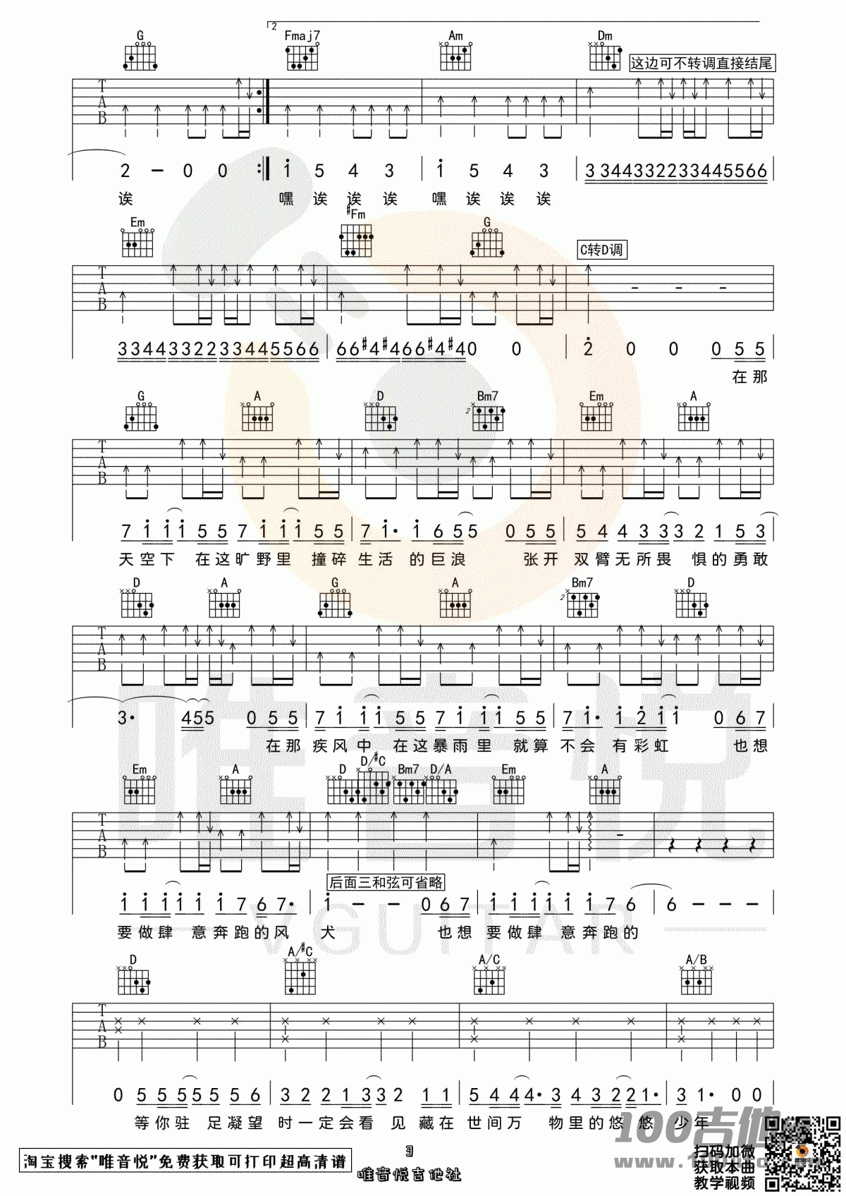 _风犬少年的天空_吉他谱_C调_六线谱【旅行团】