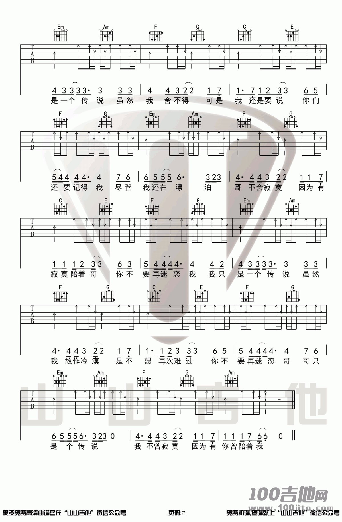 _哥只是个传说_吉他谱_陈旭_C调_吉他伴奏谱图片六线谱
