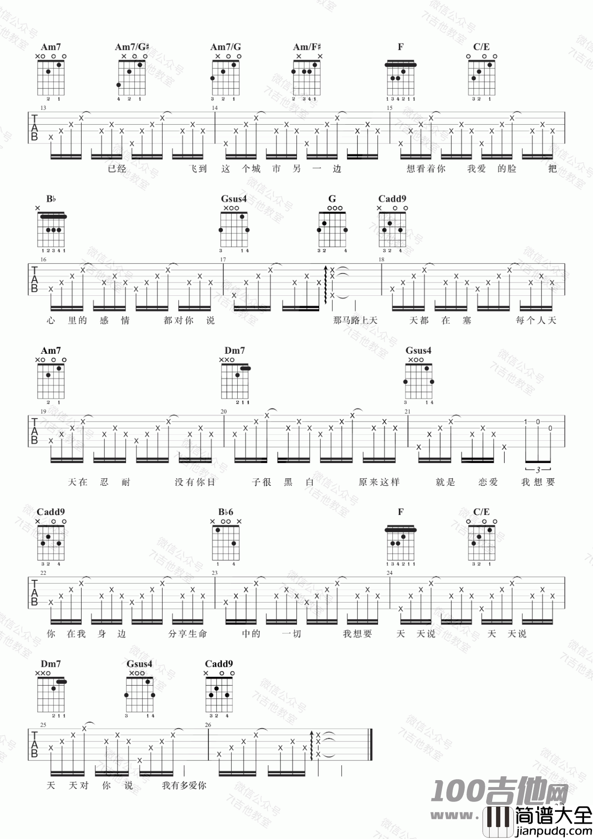 天天吉他谱_陶喆_C调_吉他伴奏弹唱六线谱