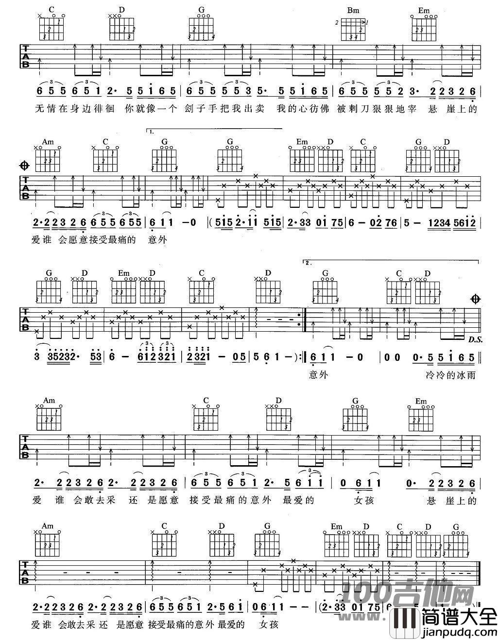 冰雨吉他谱_刘德华_G调_吉他伴奏弹唱六线谱
