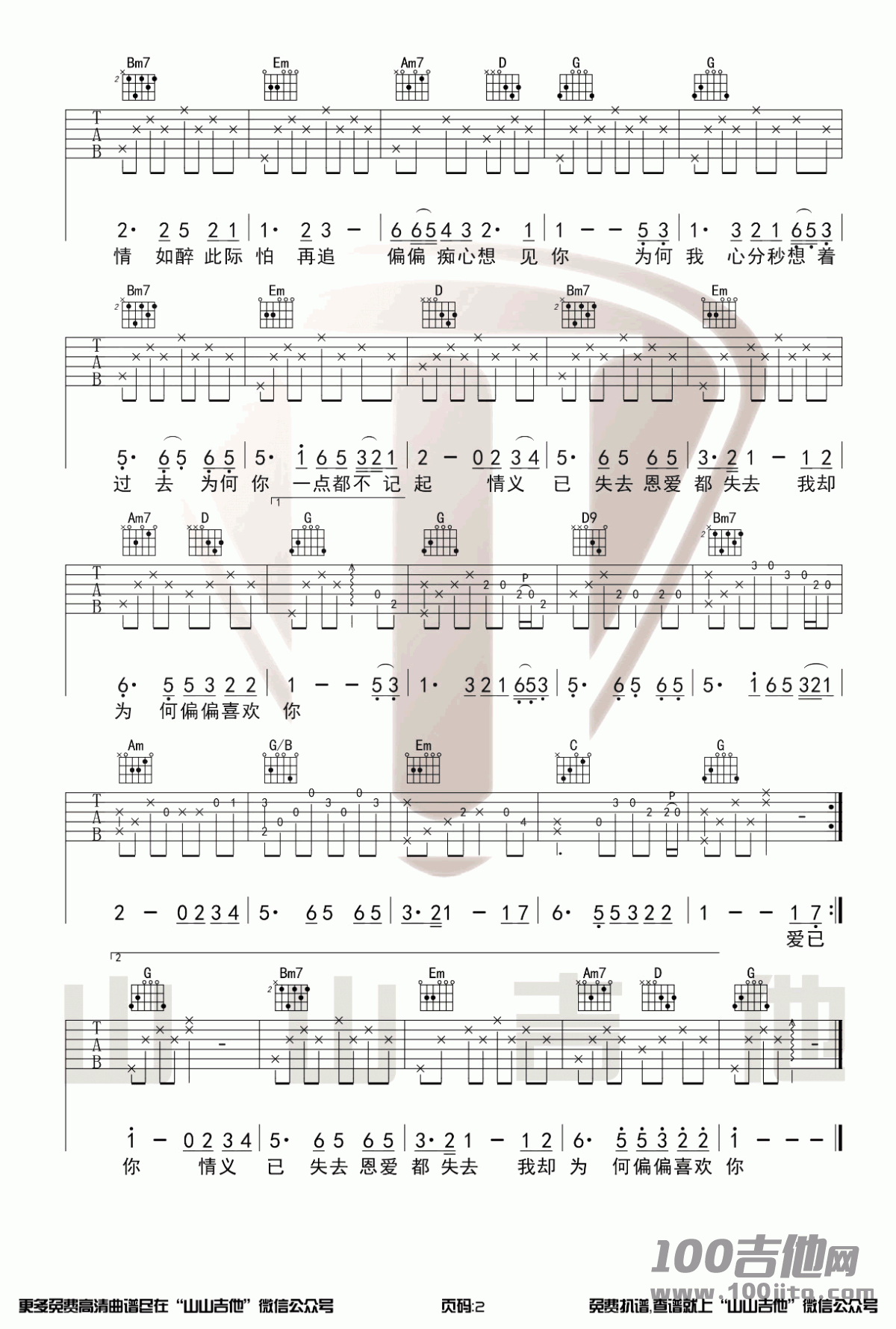 _偏偏喜欢你_吉他谱_G调_陈百强_吉他伴奏弹唱谱（六线谱）