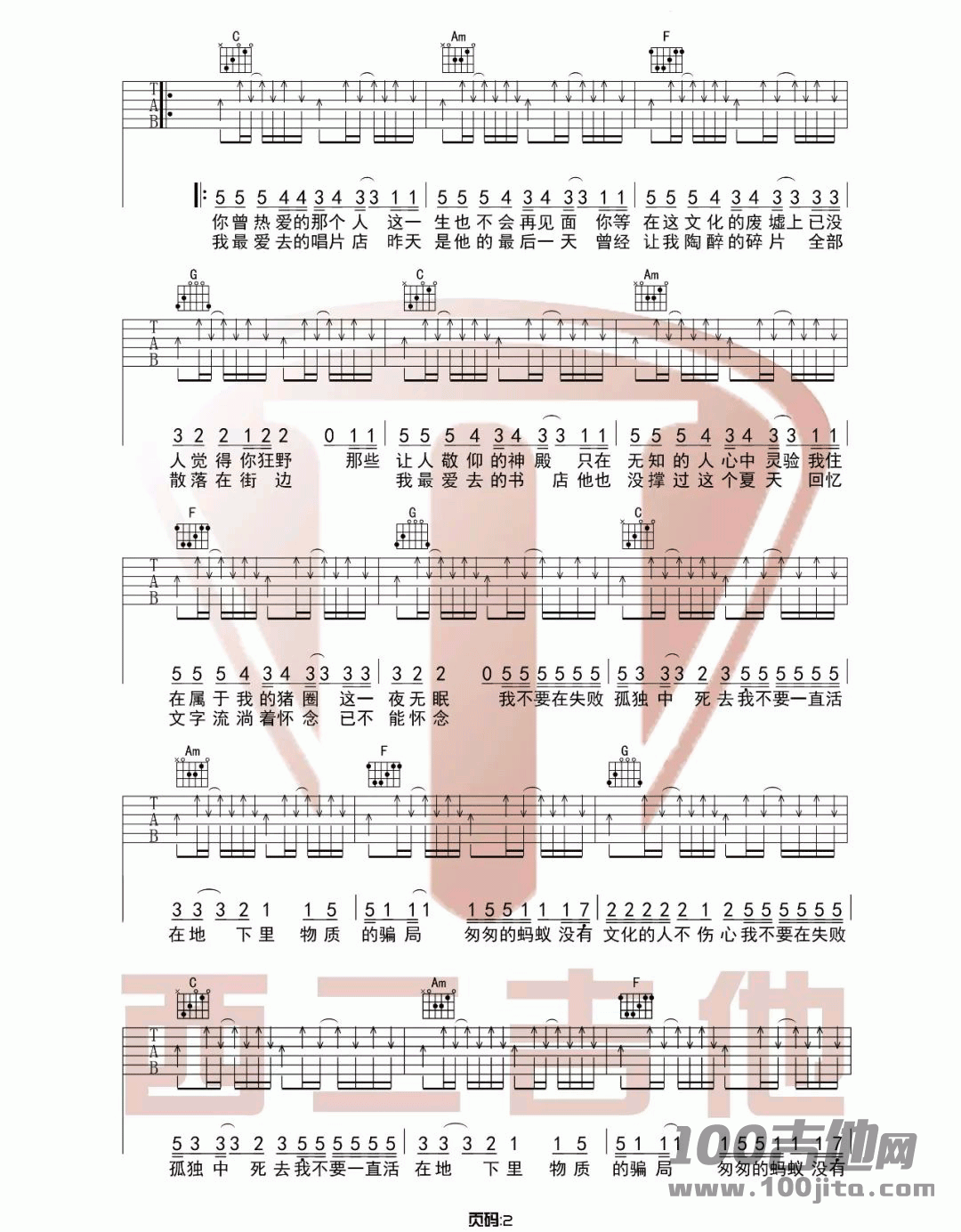 _没有理想的人不伤心_吉他谱_新裤子乐队_C调_吉他伴奏弹唱六线谱
