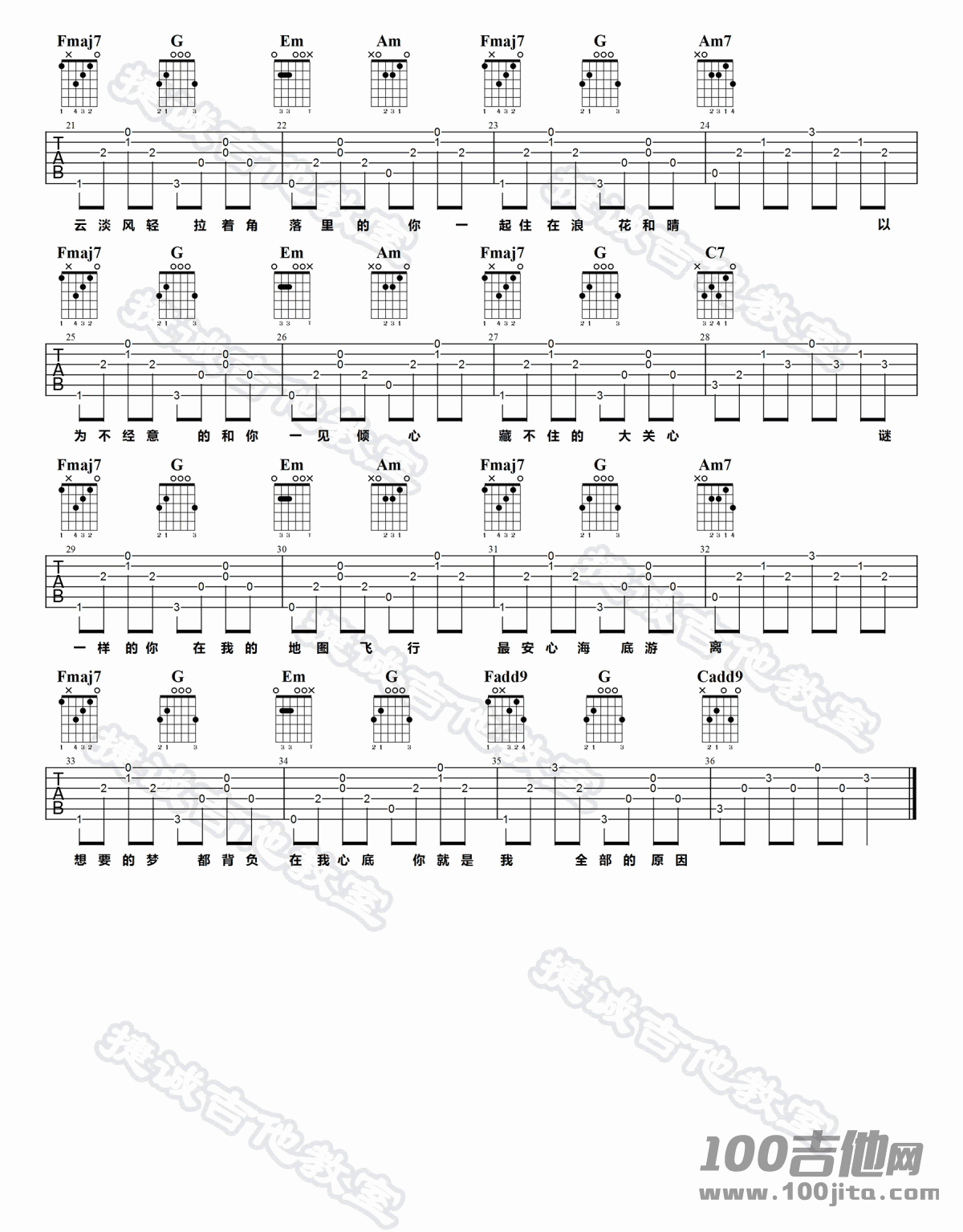 _云淡风轻_吉他谱_C调_沈以诚/王欣_吉他伴奏弹唱六线谱