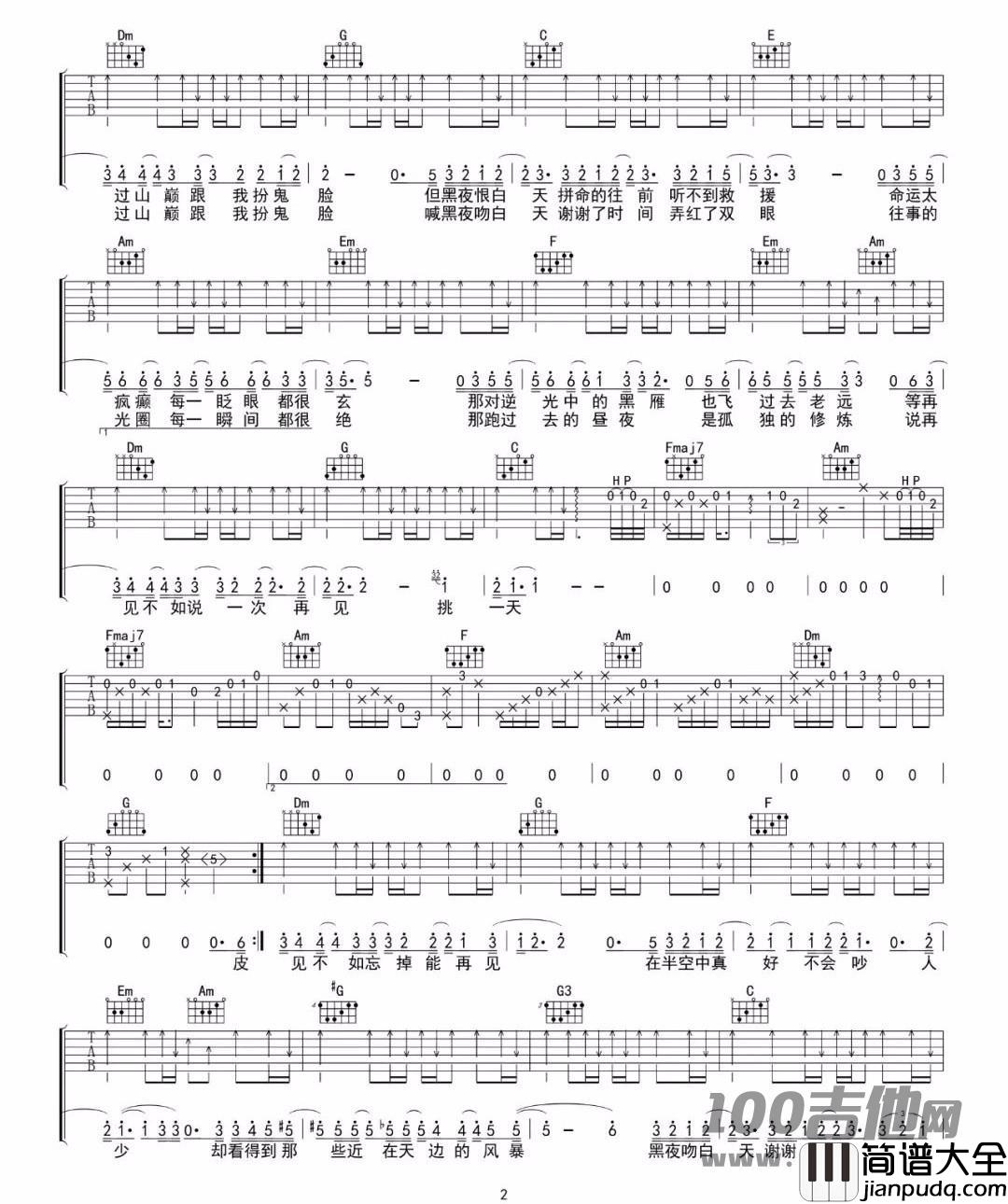 _黑夜问白天_吉他谱_林俊杰_C调_吉他伴奏弹唱六线谱（原版）
