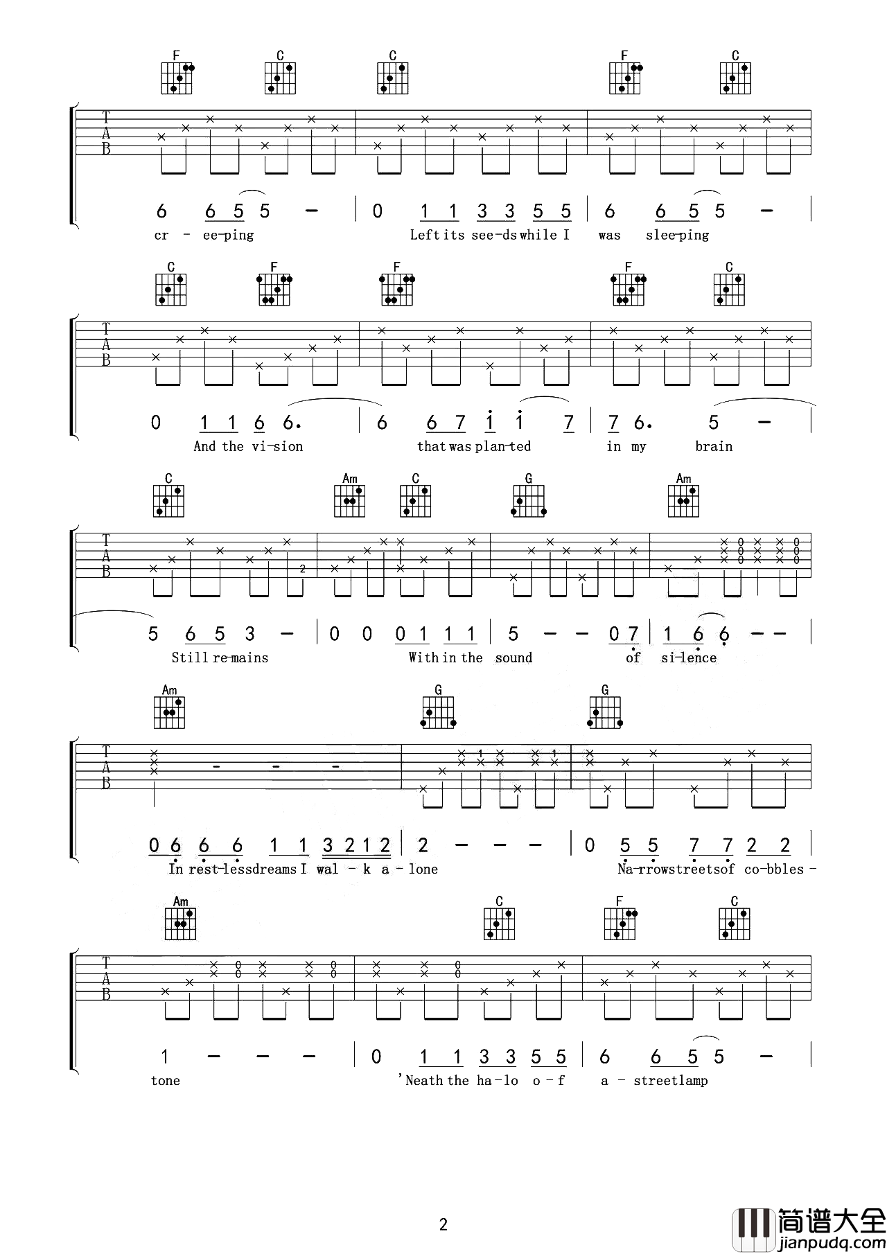 寂静之声吉他谱_The_Sound_of_Silence吉他六线谱【吉他教学】