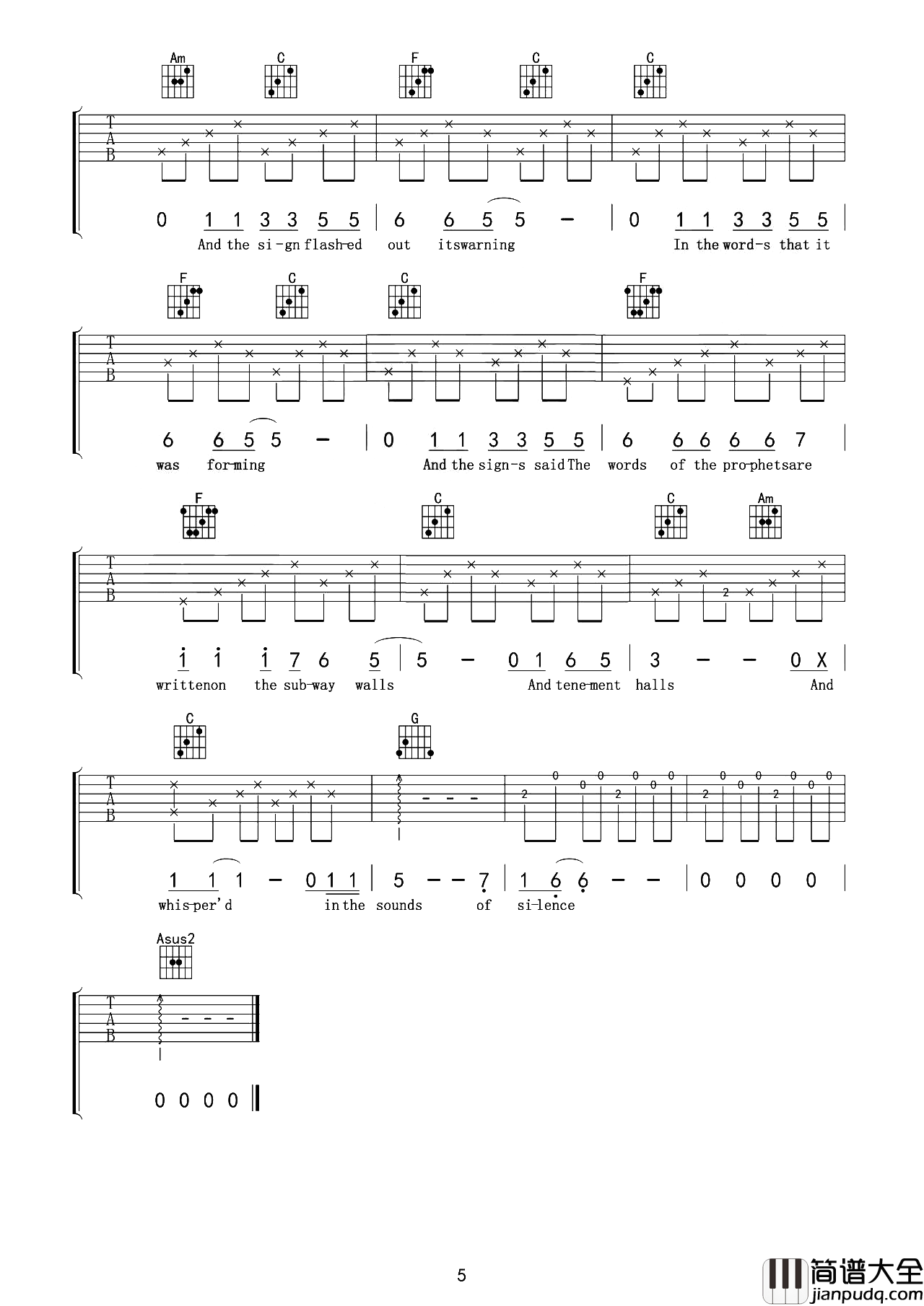 寂静之声吉他谱_The_Sound_of_Silence吉他六线谱【吉他教学】