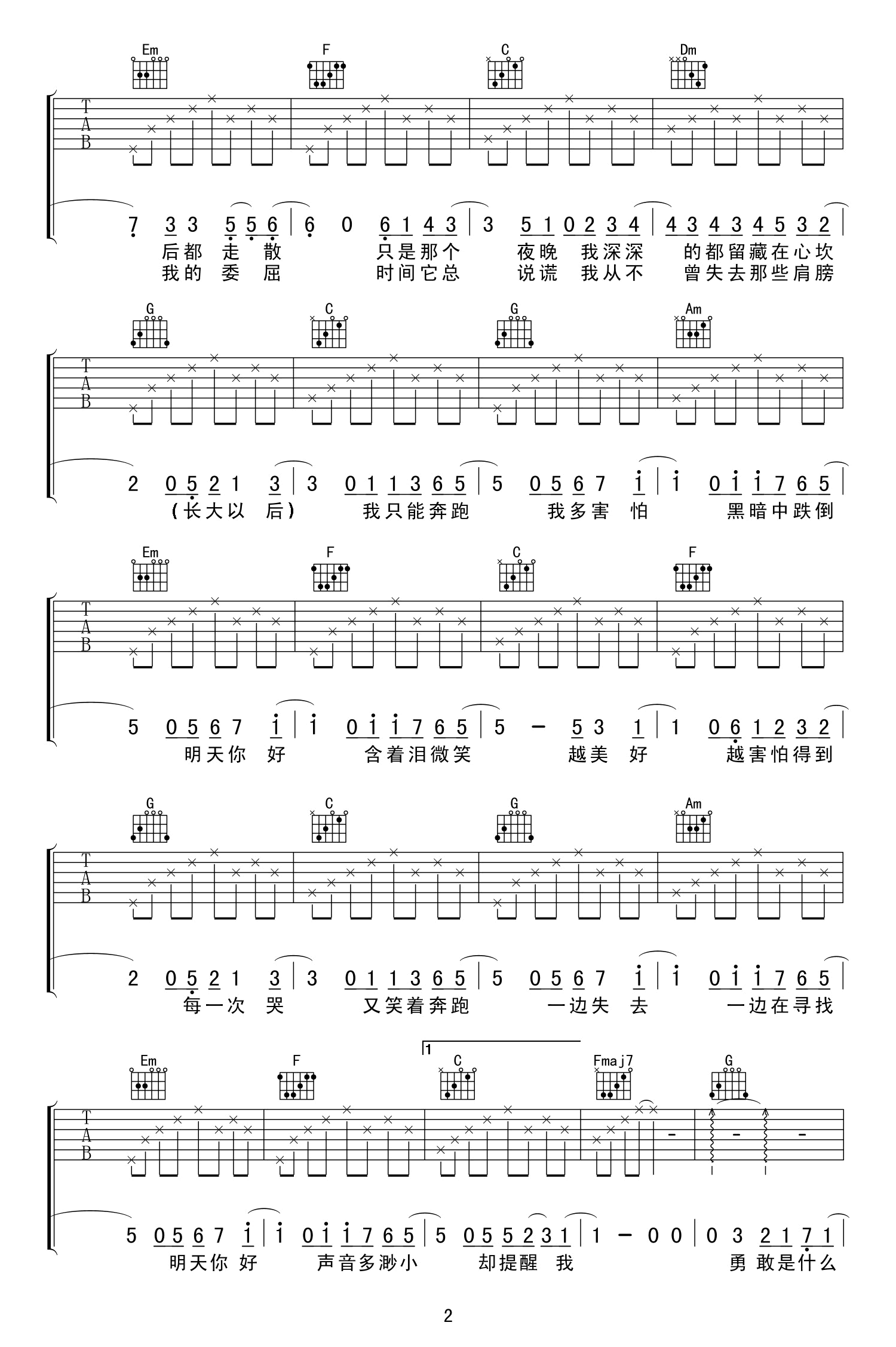 明天你好吉他谱_牛奶咖啡_C调_弹唱六线谱