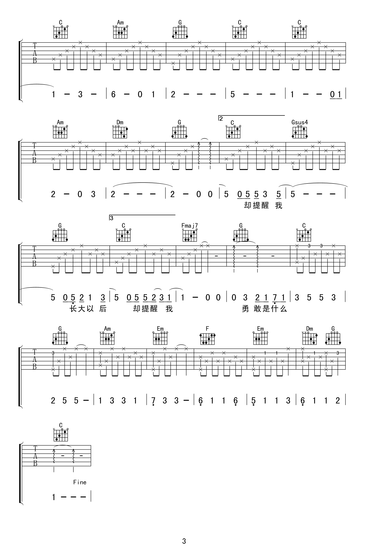 明天你好吉他谱_牛奶咖啡_C调_弹唱六线谱