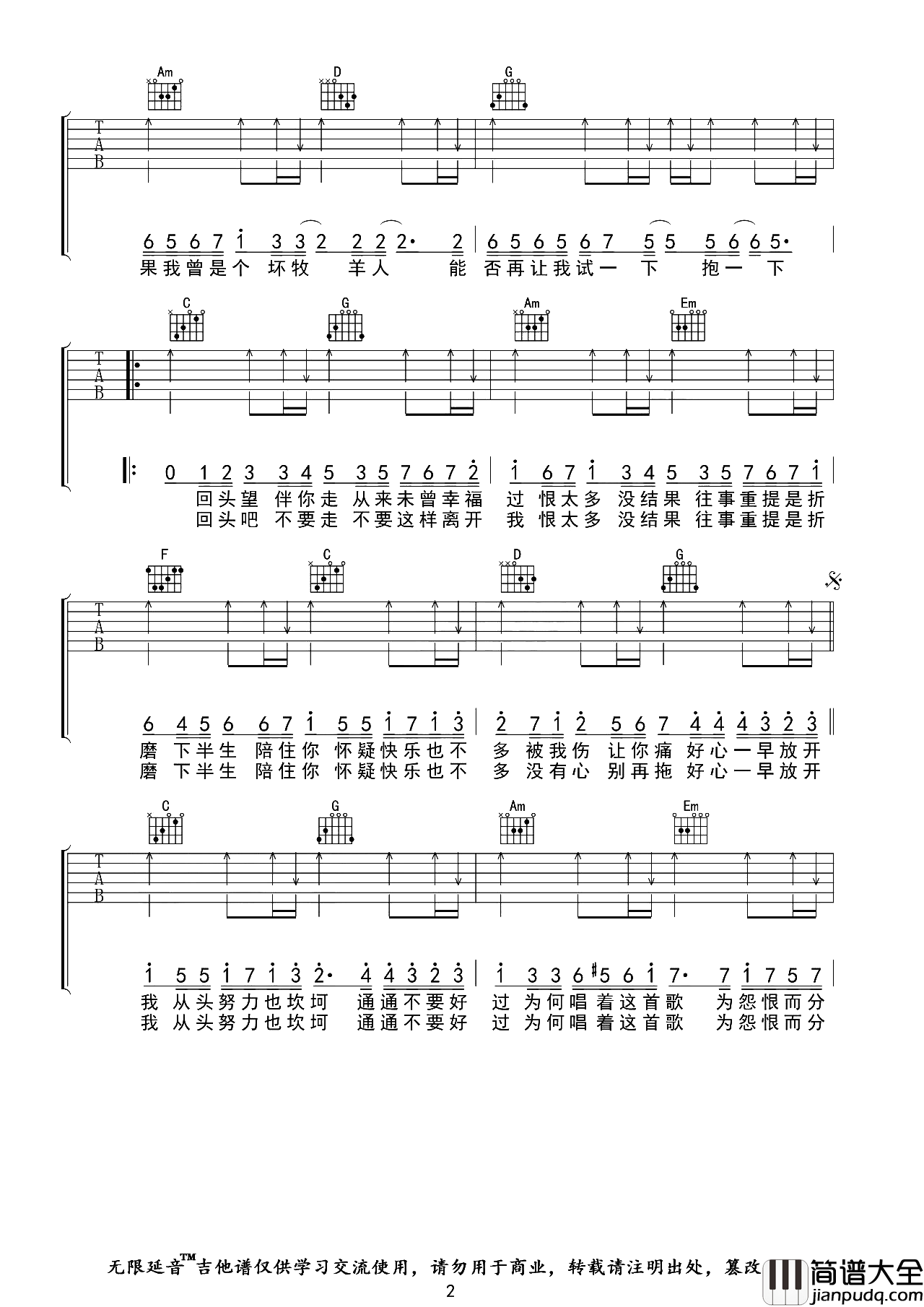 王力宏/卢巧音_好心分手_吉他谱_C调原版六线谱