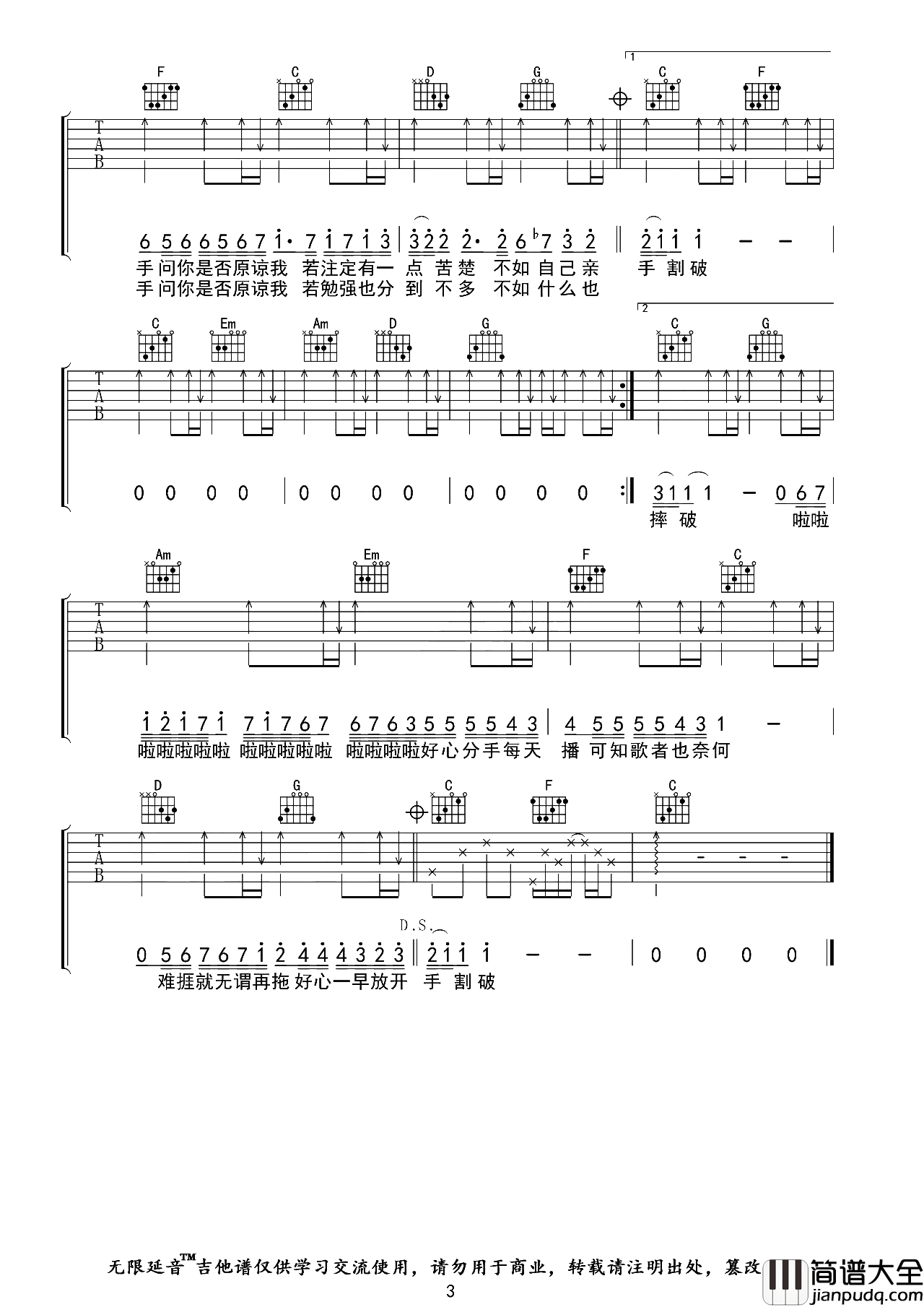 王力宏/卢巧音_好心分手_吉他谱_C调原版六线谱