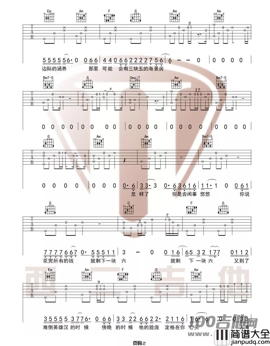 _四块五_吉他谱_C调_隔壁老樊_吉他伴奏弹唱谱(西二吉他版)