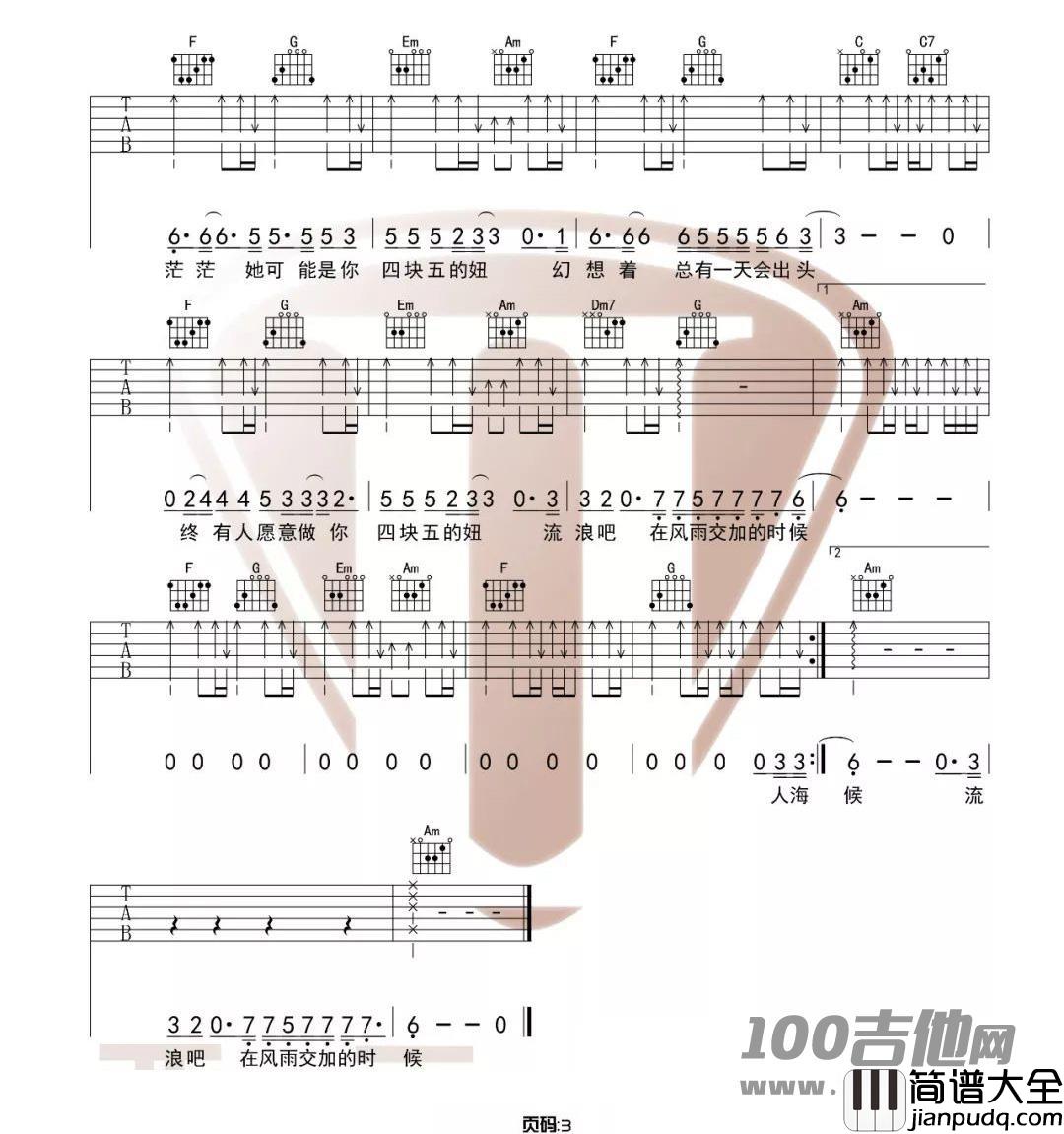 _四块五_吉他谱_C调_隔壁老樊_吉他伴奏弹唱谱(西二吉他版)