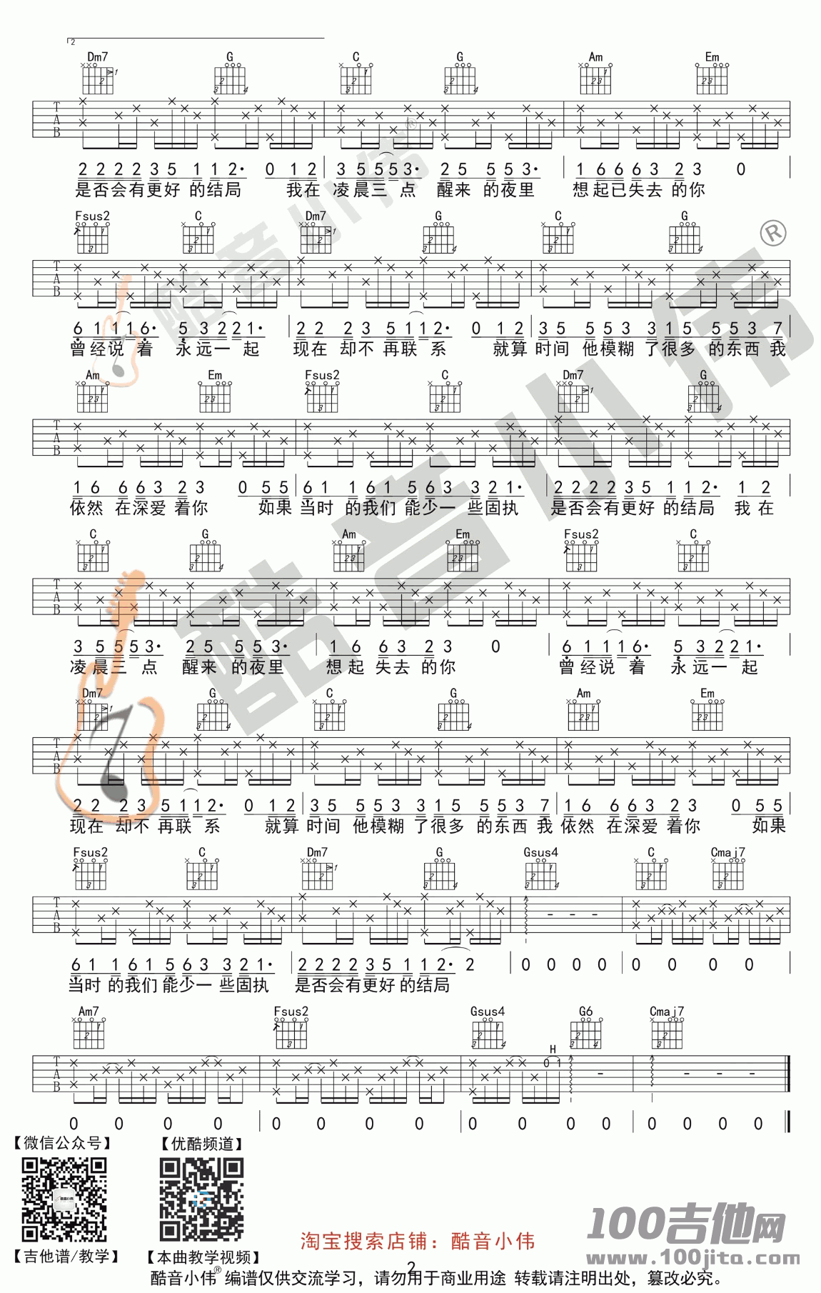 凌晨三点吉他谱_陈硕子_C调_吉他伴奏六线谱(酷音小伟版)
