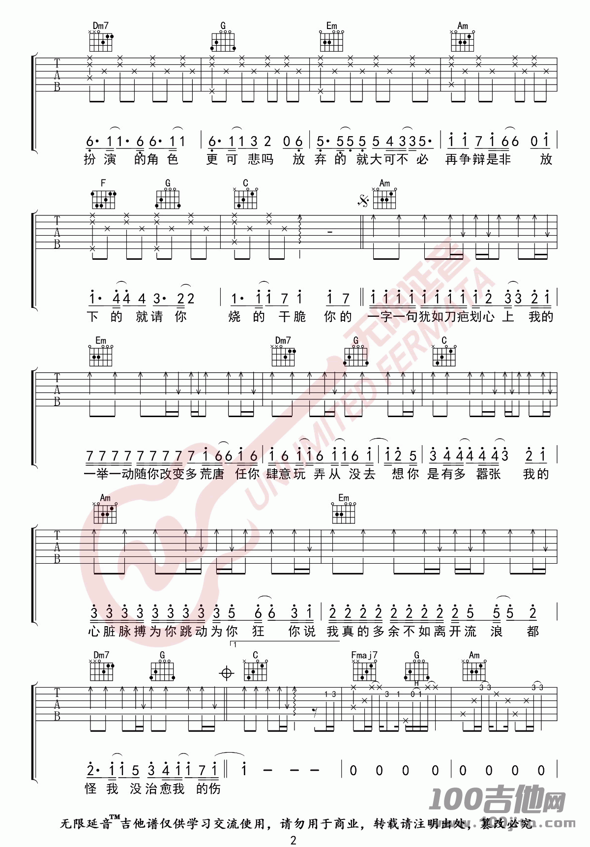 嚣张吉他谱_En_C调_吉他伴奏弹唱六线谱