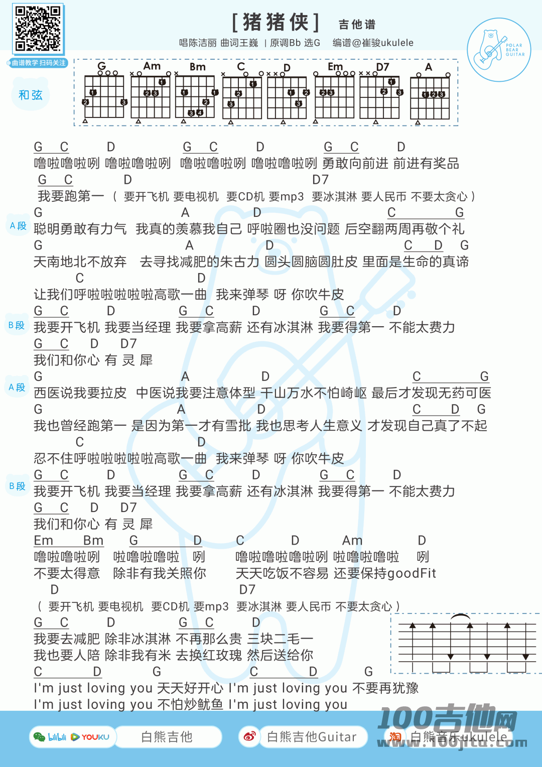 _猪猪侠_吉他谱_陈洁丽/刘大壮_G调_吉他伴奏六线谱
