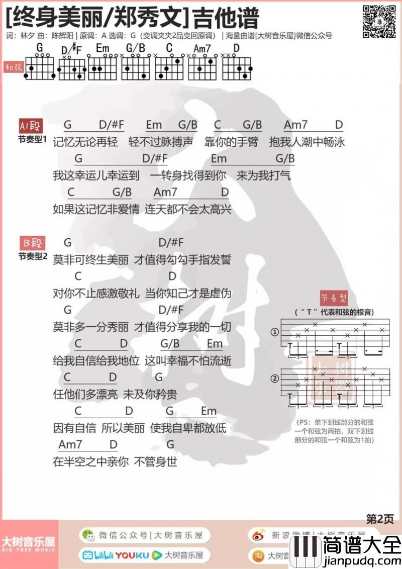 终身美丽吉他谱_G调_郑秀文_吉他伴奏弹唱谱