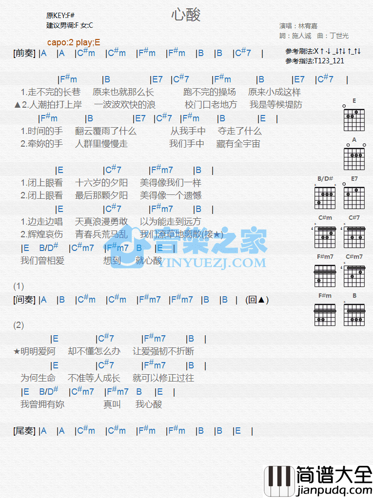 _心酸_吉他谱_林宥嘉_F调_吉他和弦伴奏谱
