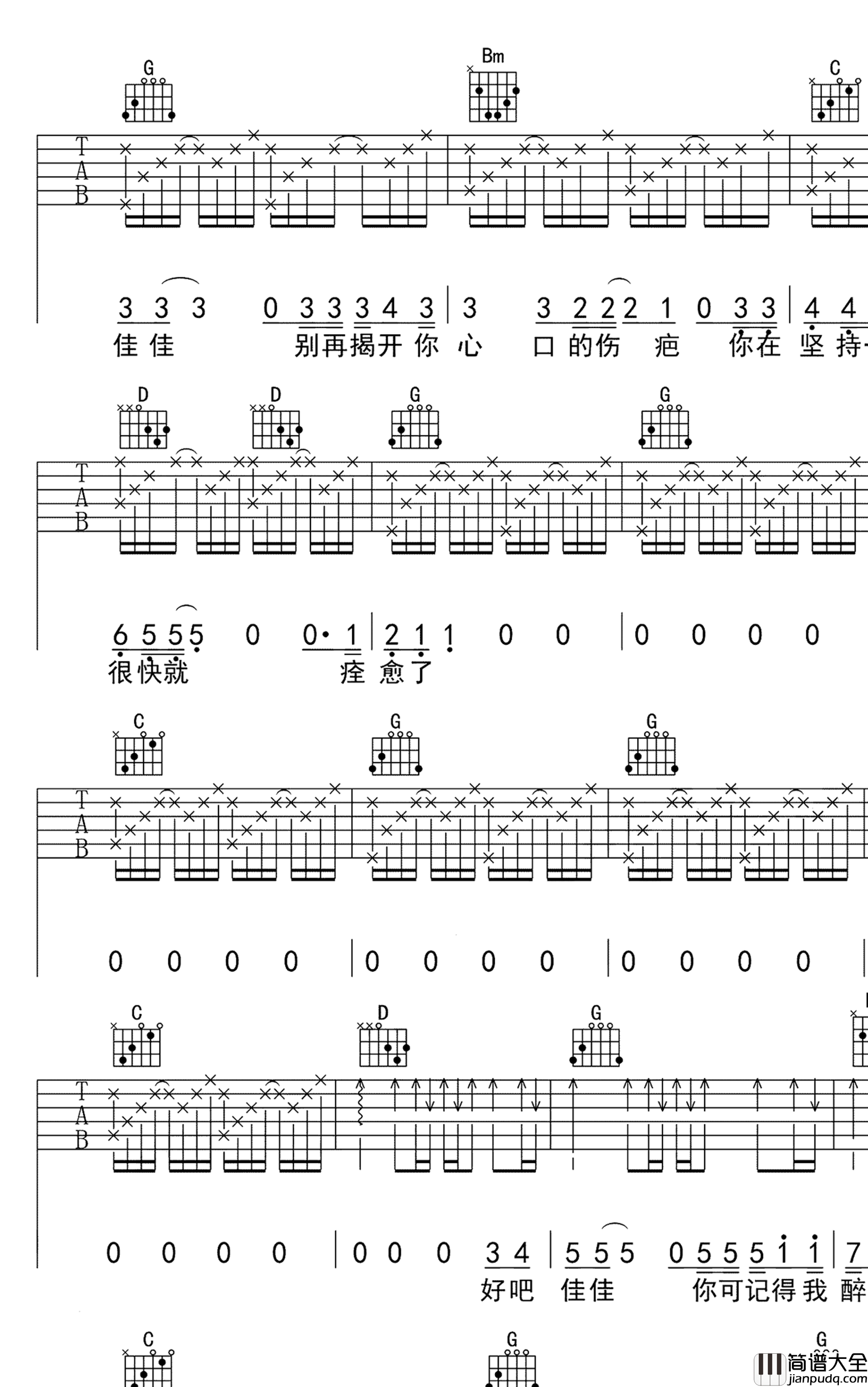 佳佳吉他谱_张晏铭__佳佳_G调简单版吉他谱_弹唱六线谱