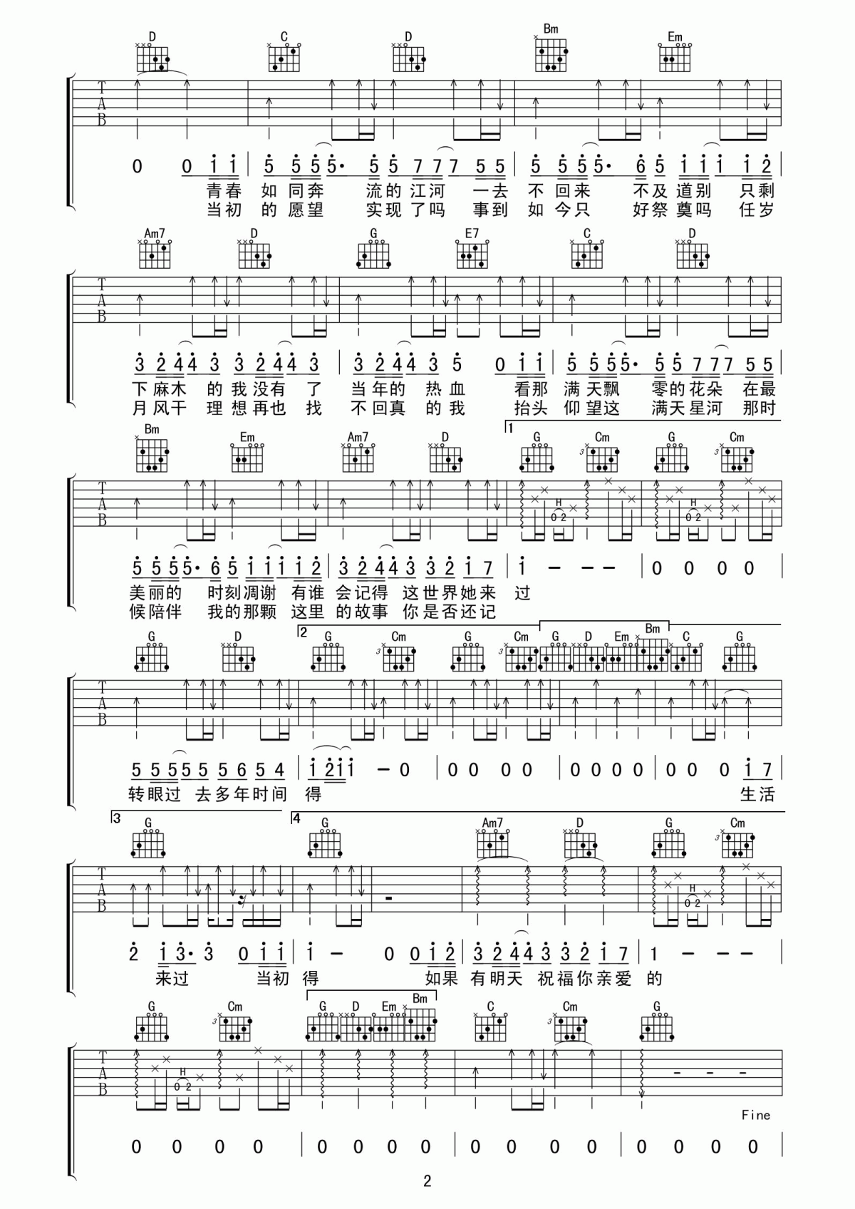 老男孩吉他谱_喀什怒放A调_筷子兄弟