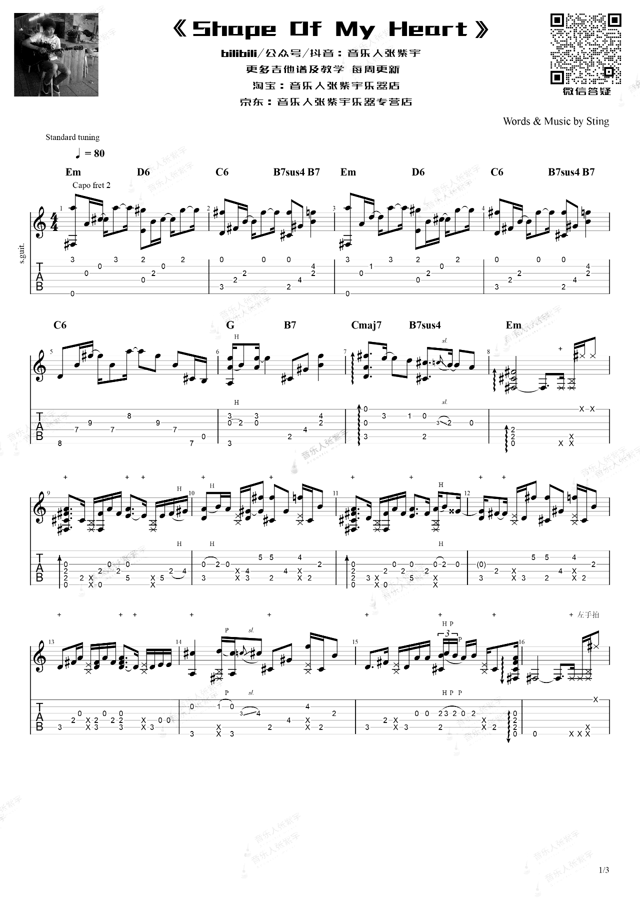 Shape_Of_My_Heart指弹谱_这个杀手不太冷_吉他指弹演示