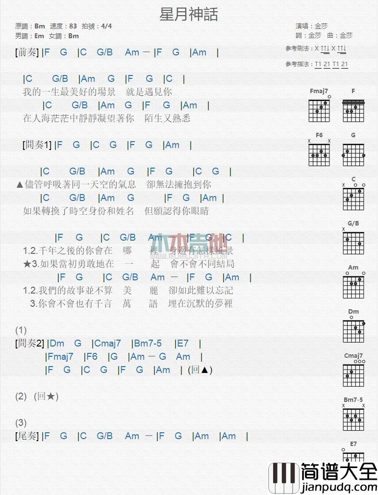 星月神话图片吉他谱升C调金莎