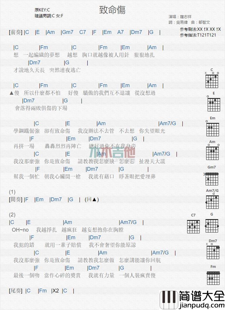 致命伤_吉他谱_罗志祥