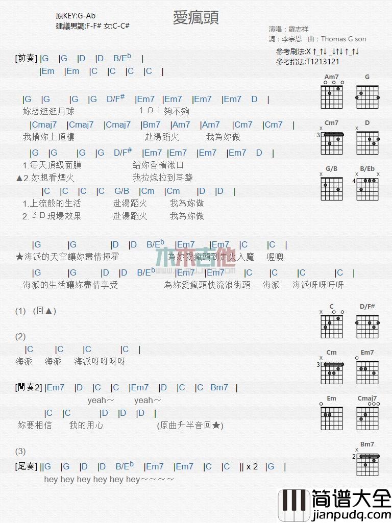 爱疯头_吉他谱_罗志祥