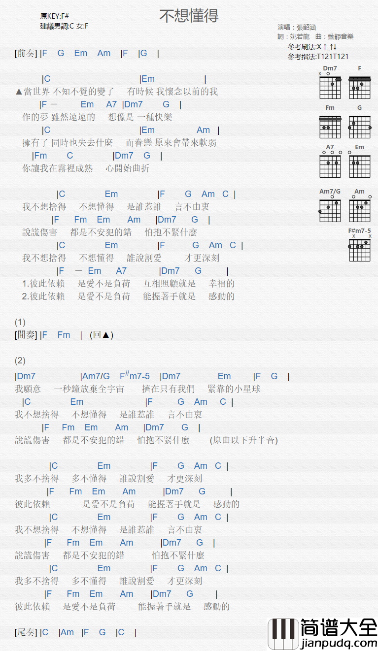 不想懂得_吉他谱_张韶涵