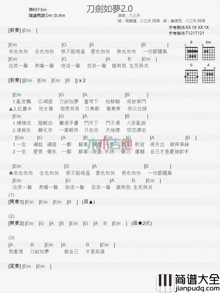 刀剑如梦2.0_吉他谱_八三夭