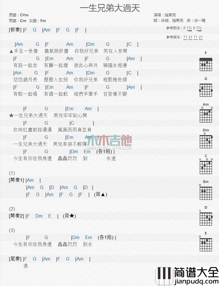 一生兄弟大过天_吉他谱_强东亮