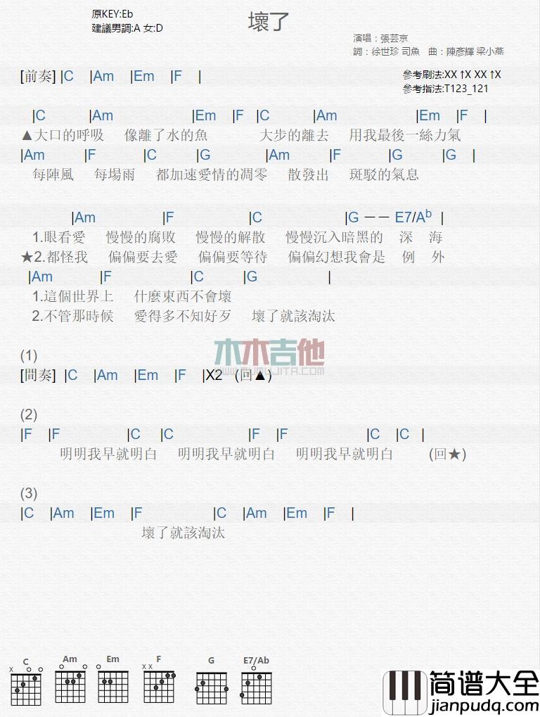 坏了_吉他谱_张芸京