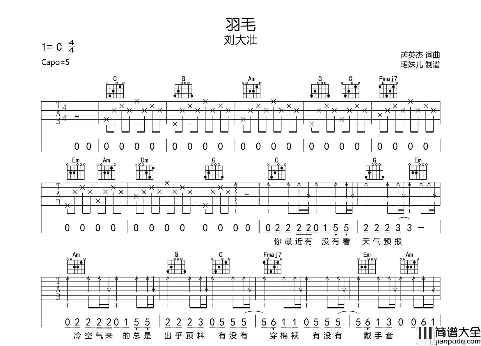 刘大壮_羽毛_吉他谱__羽毛_C调吉他六线谱