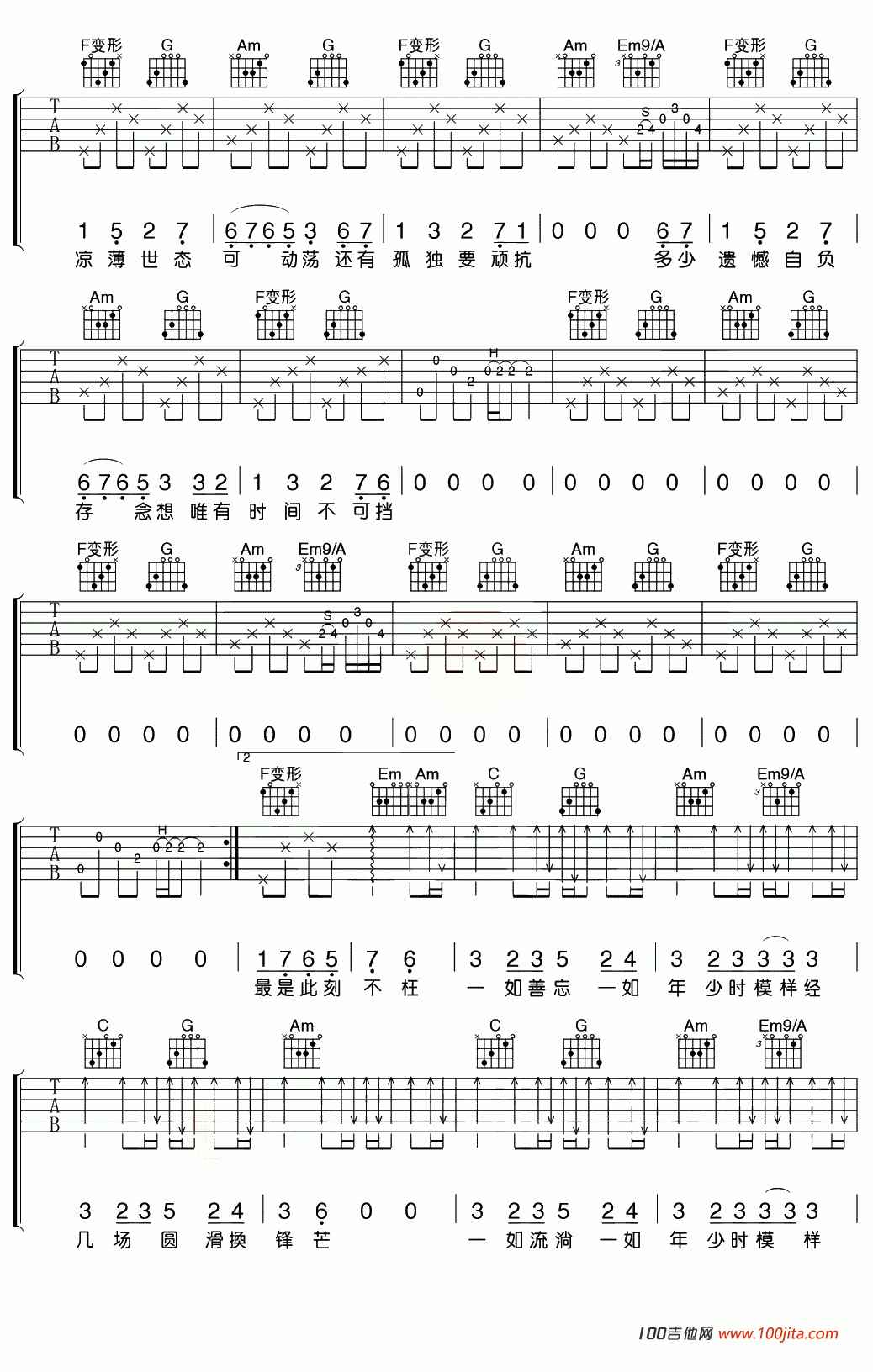 一如少年模样吉他谱_C调_陈鸿宇