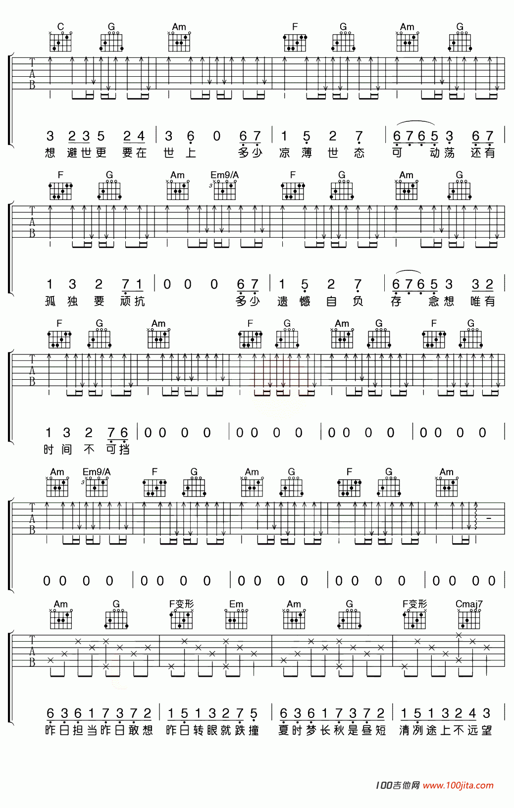 一如少年模样吉他谱_C调_陈鸿宇