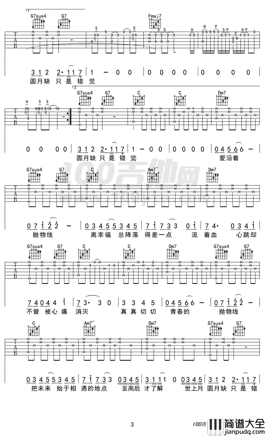 抛物线吉他谱_蔡健雅_吉他弹唱谱六线谱