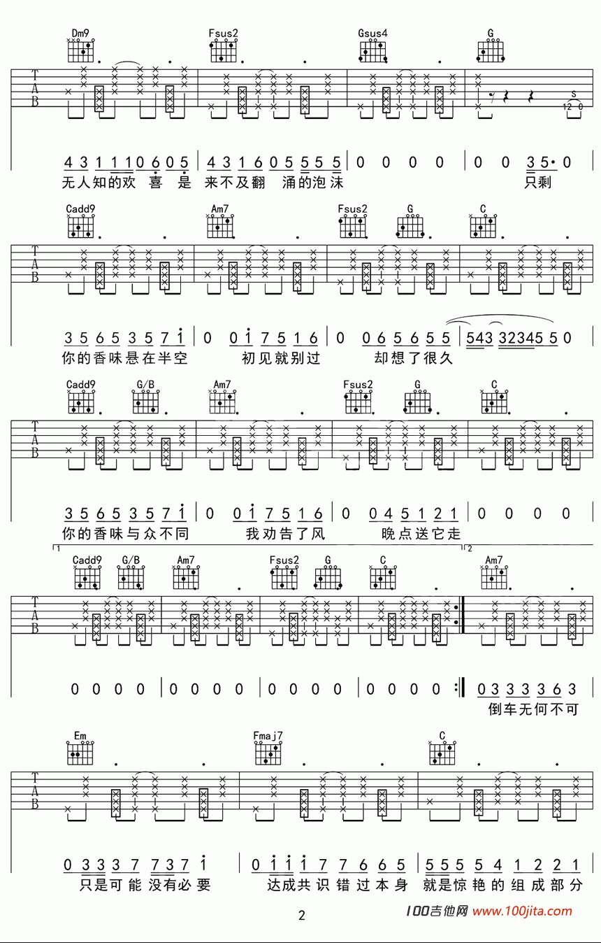 _留香_吉他谱_C调_许嵩_吉他原版六线谱