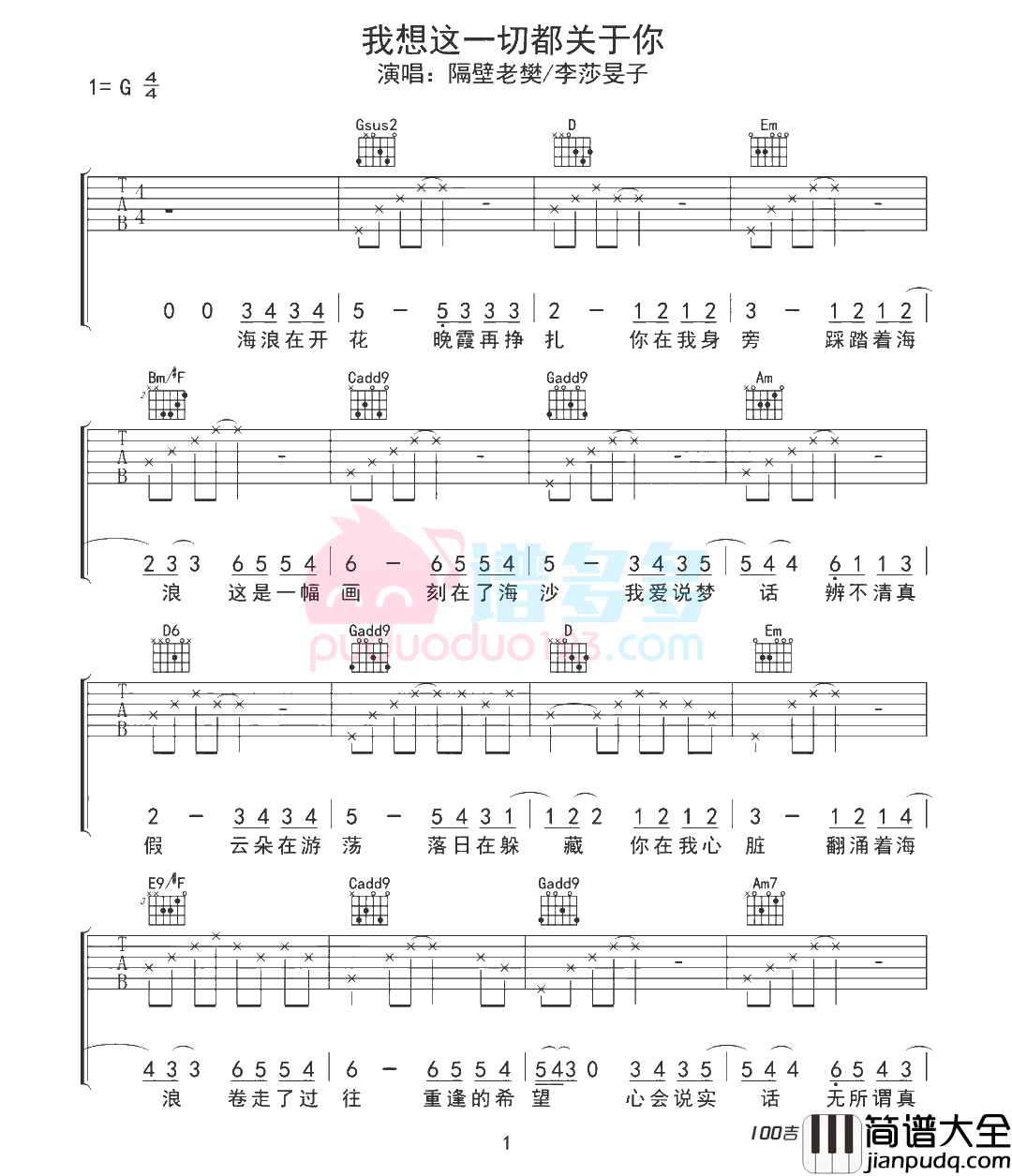 _我想这一切都关于你_吉他谱_隔壁老樊_G调吉他弹唱六线谱