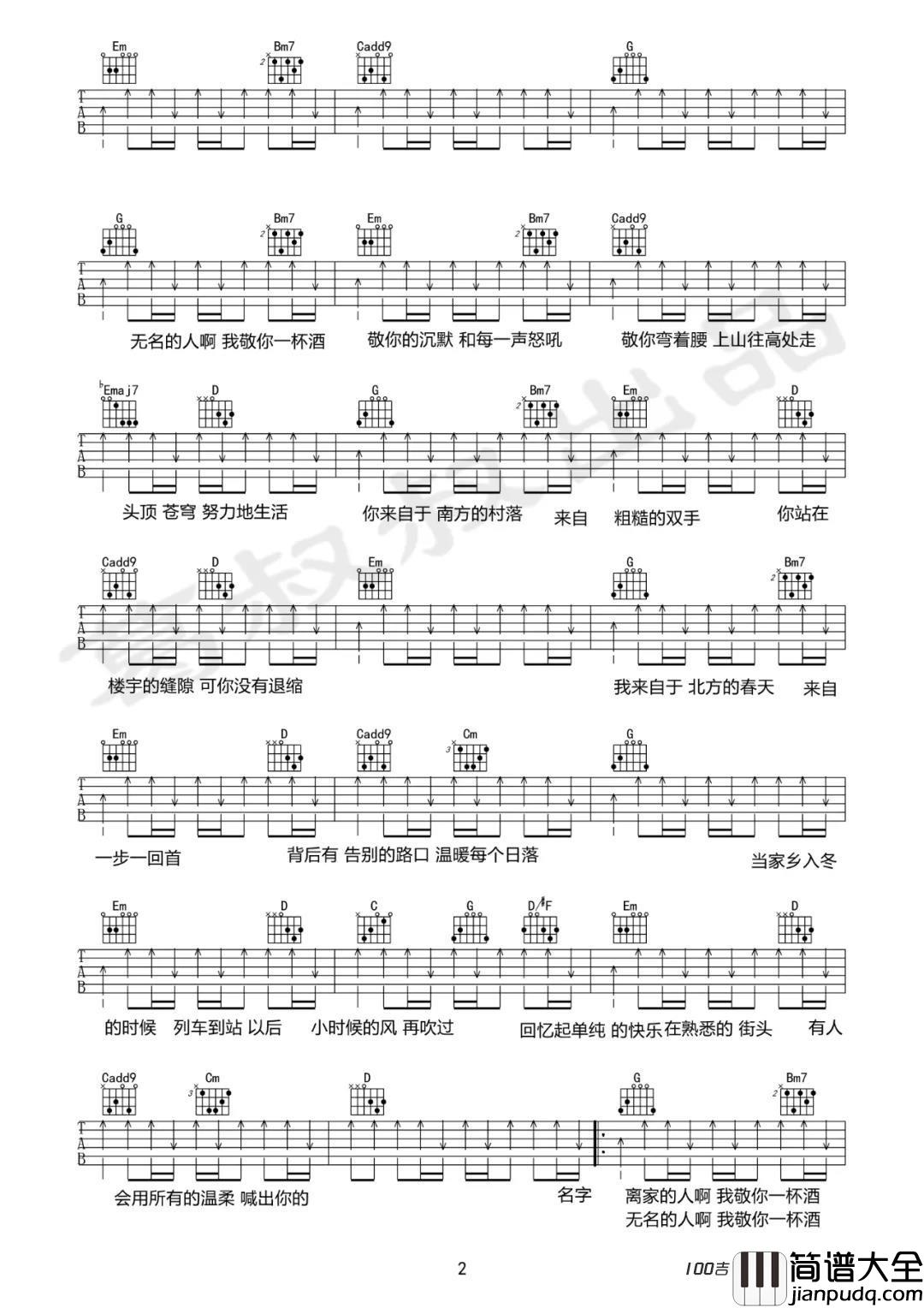 无名的人吉他谱_C调_毛不易吉他弹唱谱六线谱