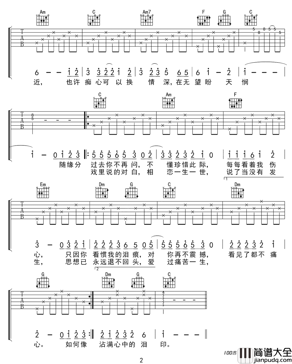 痴心换情深吉他谱_C调_周慧敏吉他弹唱六线谱